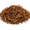 A close-up of coarsely shredded Acacia Acuminata inner root bark displaying rich golden-brown and fibrous textures.
