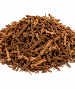 A close-up of coarsely shredded Acacia Acuminata inner root bark displaying rich golden-brown and fibrous textures.